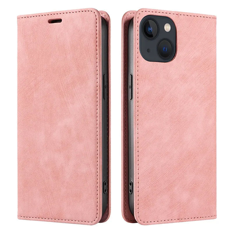 Magnetic leather flip phone case for iPhone in solid colours showing front and back views.