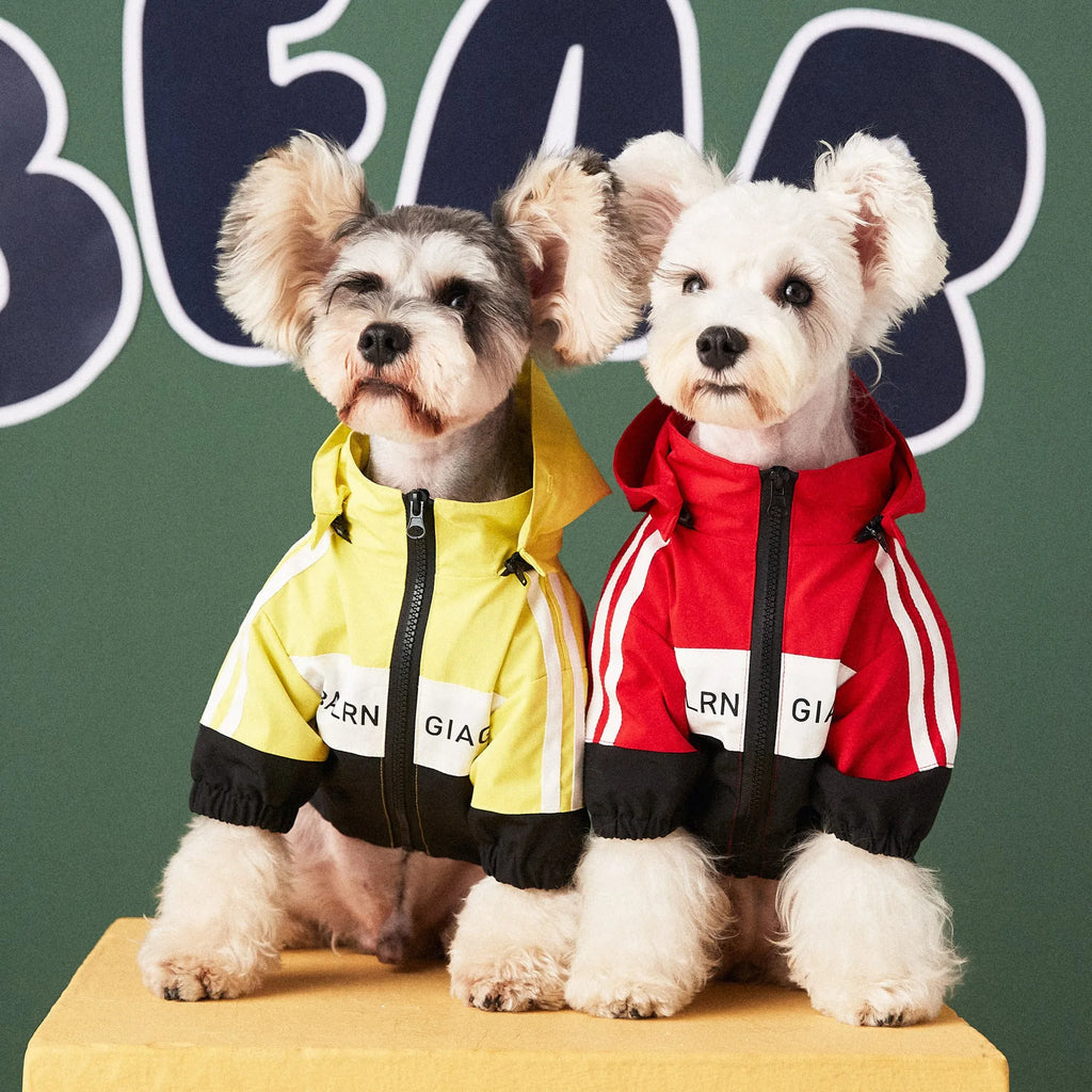 Red waterproof polyester dog raincoat jacket laid flat showing front view with hood