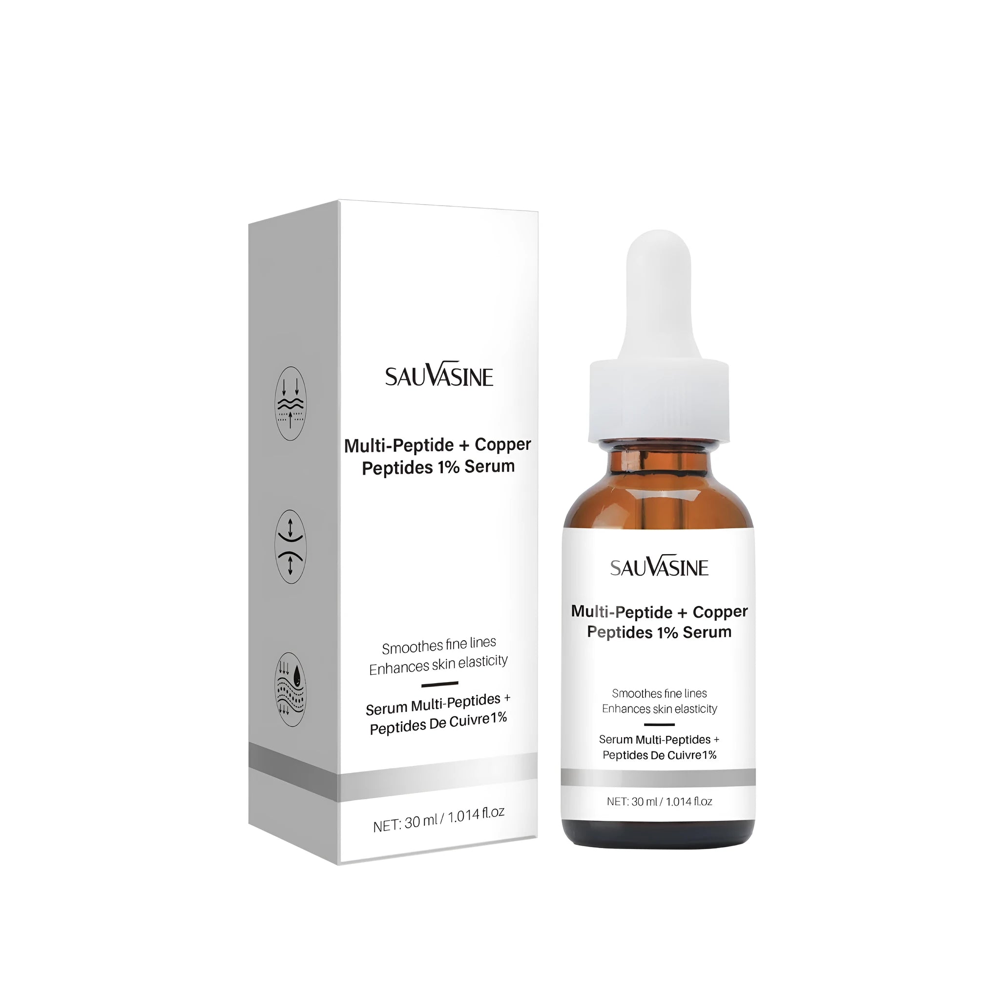 30ml amber glass bottle of facial moisturising oil for wrinkles with a dropper.