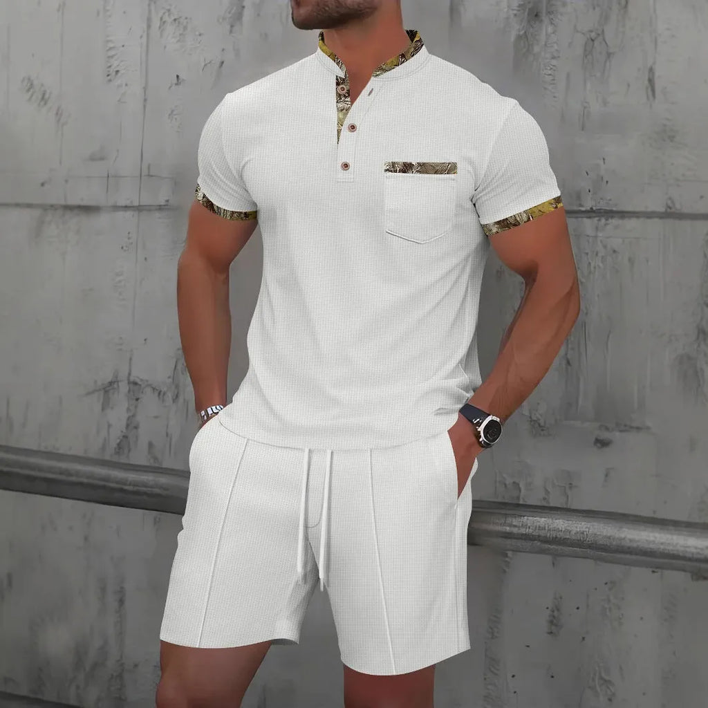 Men's grey zip-front polo collar short sleeve top paired with matching shorts, a casual summer suit set.