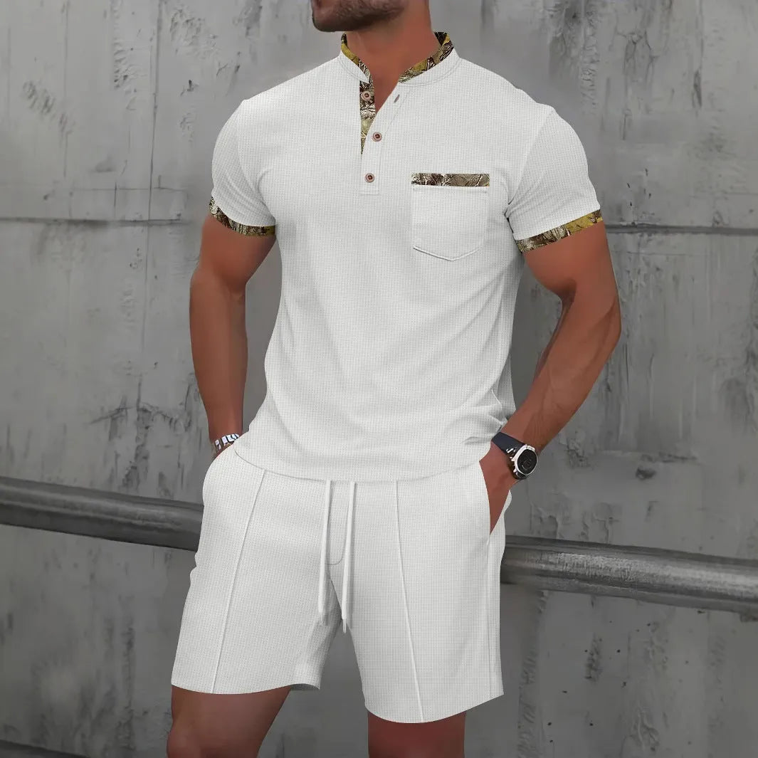 Men's grey zip-front polo collar short sleeve top paired with matching shorts, a casual summer suit set.