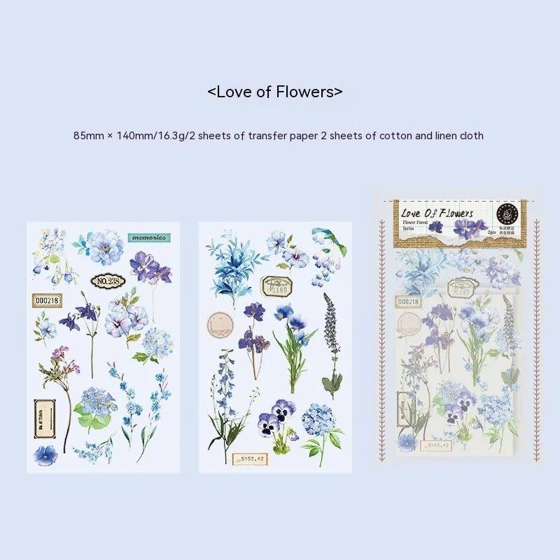 Huazhisen Series forest label transfer sticker pack showing six literary art designs on paper sheets