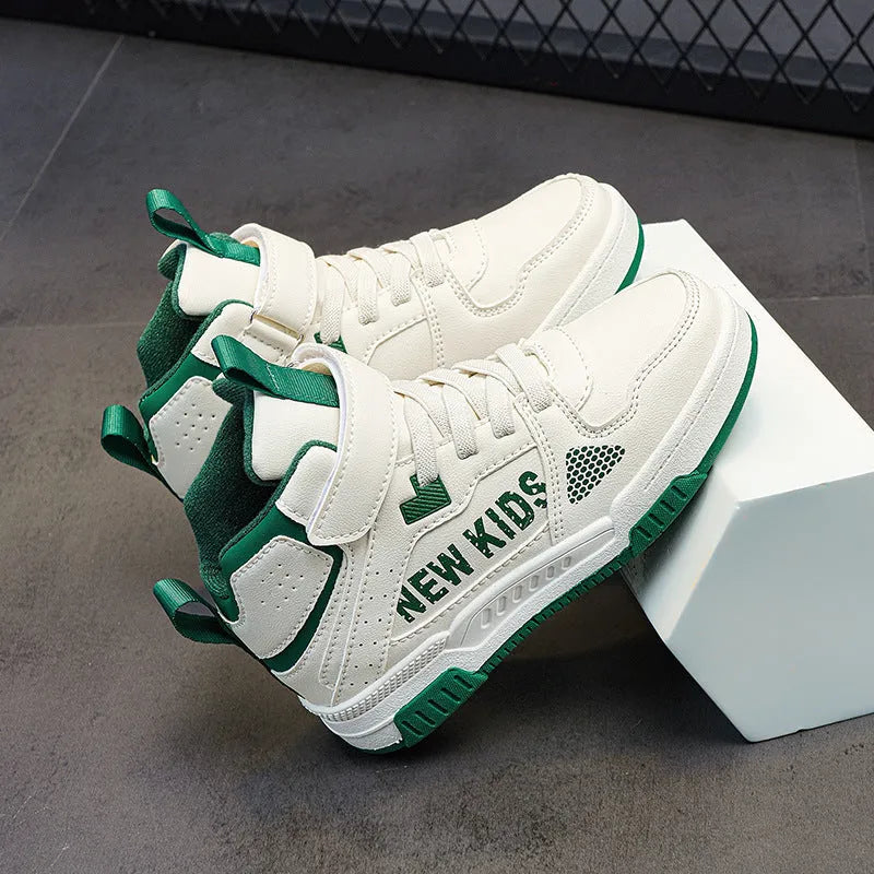 Children's colourful street sneakers with a buckle and letters pattern in beige green, blue, white, or purple.