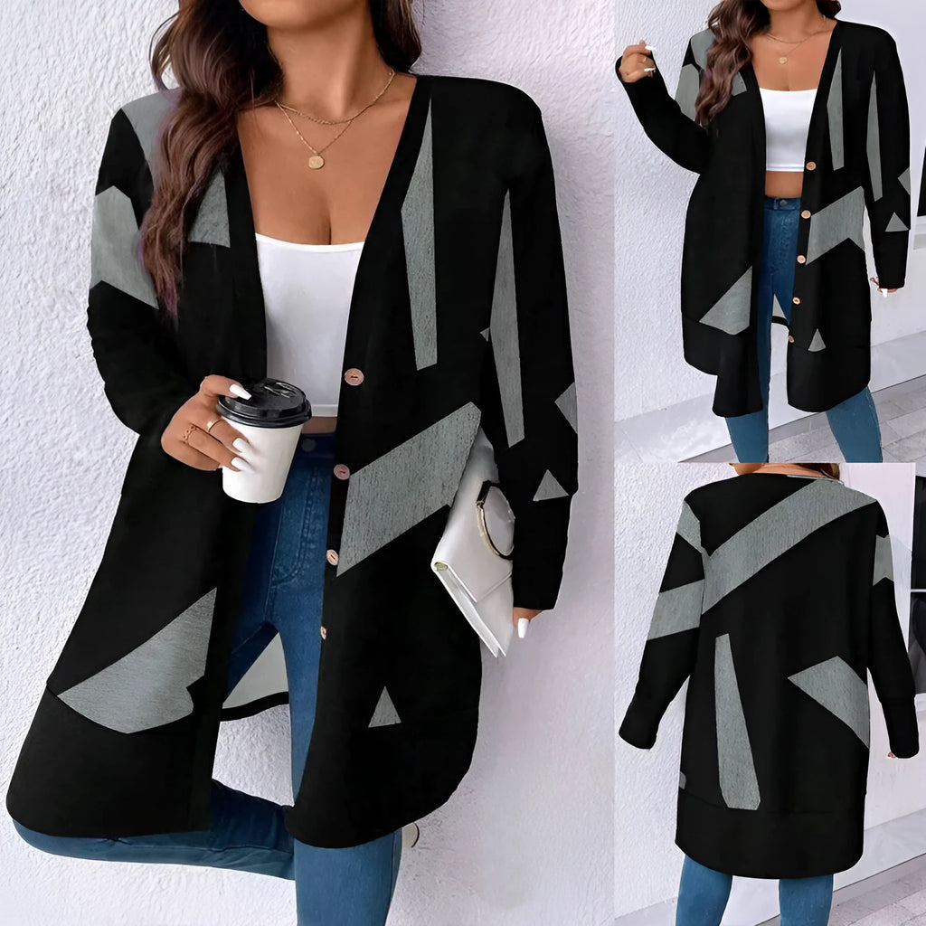 Black plus size casual cardigan with button stitching printing details and regular sleeves