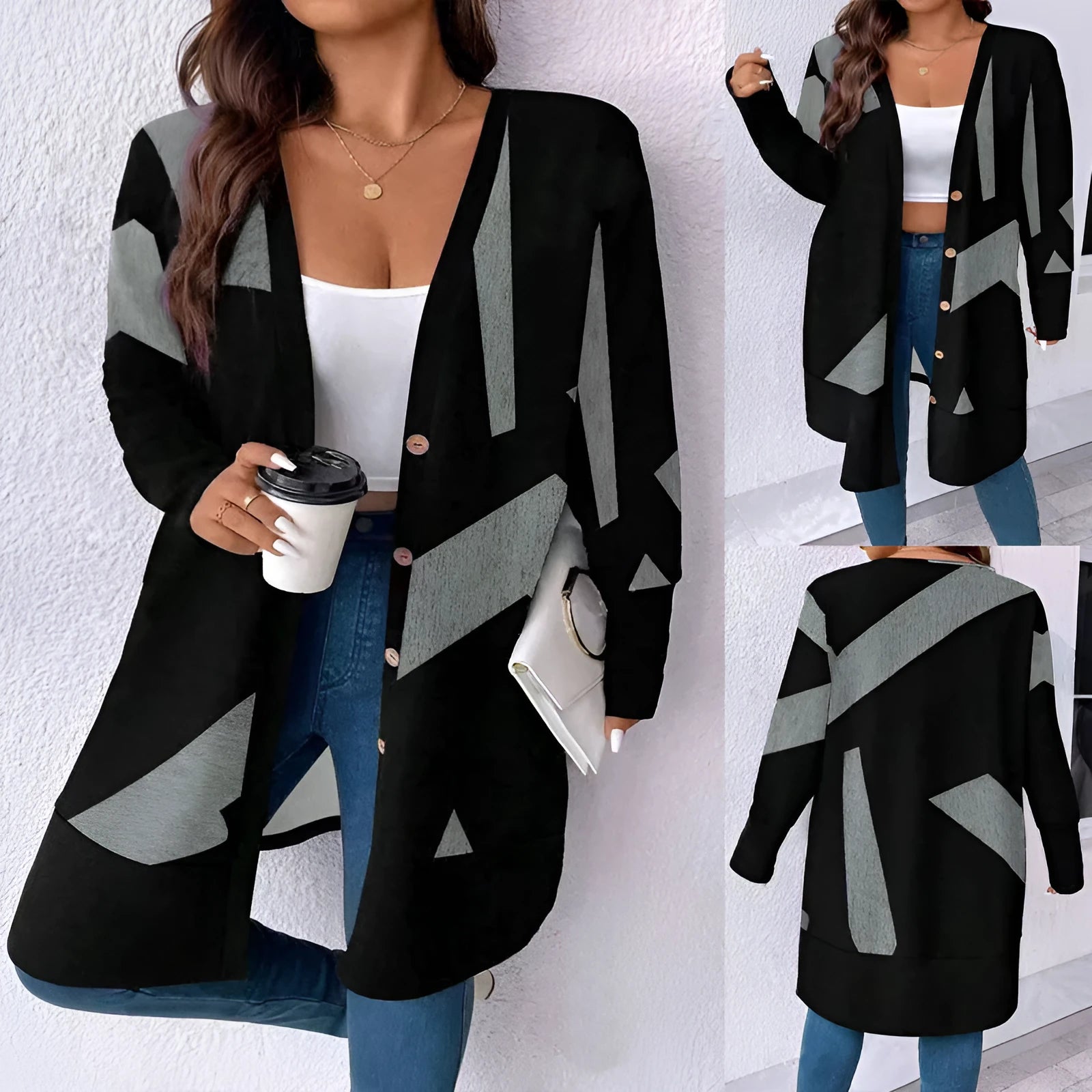 Black plus size casual cardigan with button stitching printing details and regular sleeves
