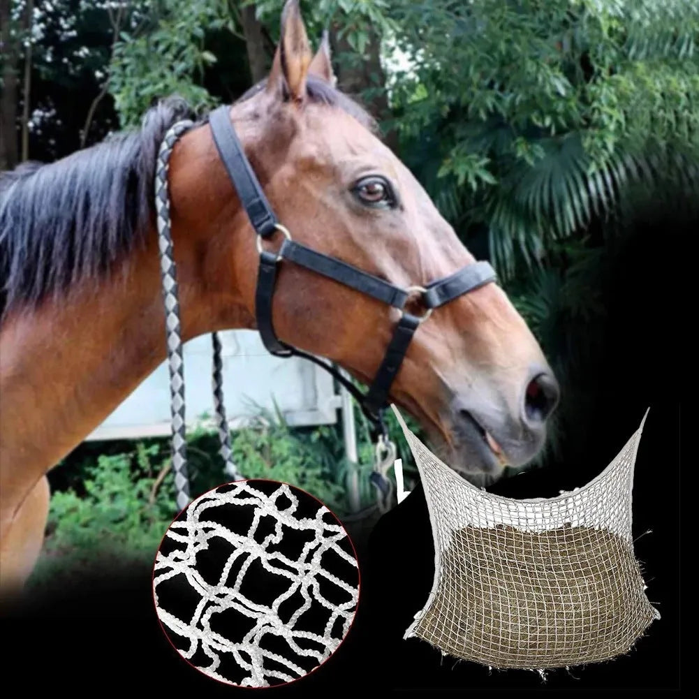 Black woven PE rope grid hanging feeding bag for horses, cattle and sheep.