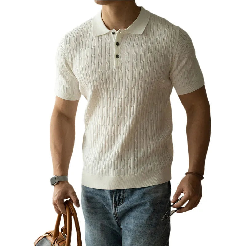 Men's khaki short sleeve business top on a hanger.