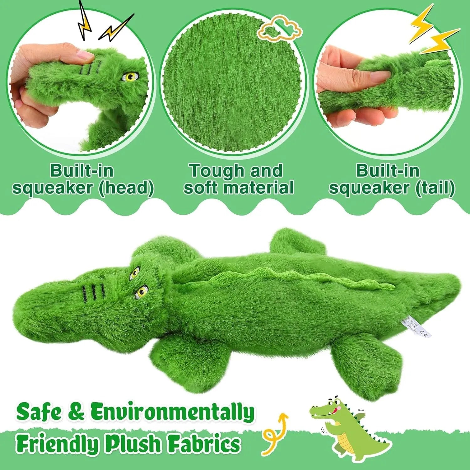 Green crocodile-shaped plush dog toy with no stuffing, squeaker in head and crinkle paper in tail