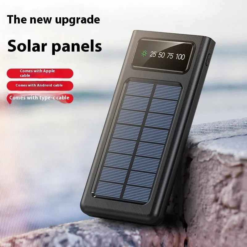 Black and white solar power bank with 20000mAh capacity and charging cable for mobile phones