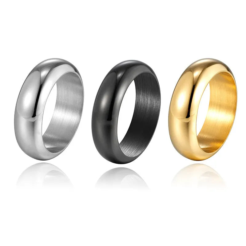 Glossy electroplated titanium steel ring in gold, black, and steel colour options showing polished finish