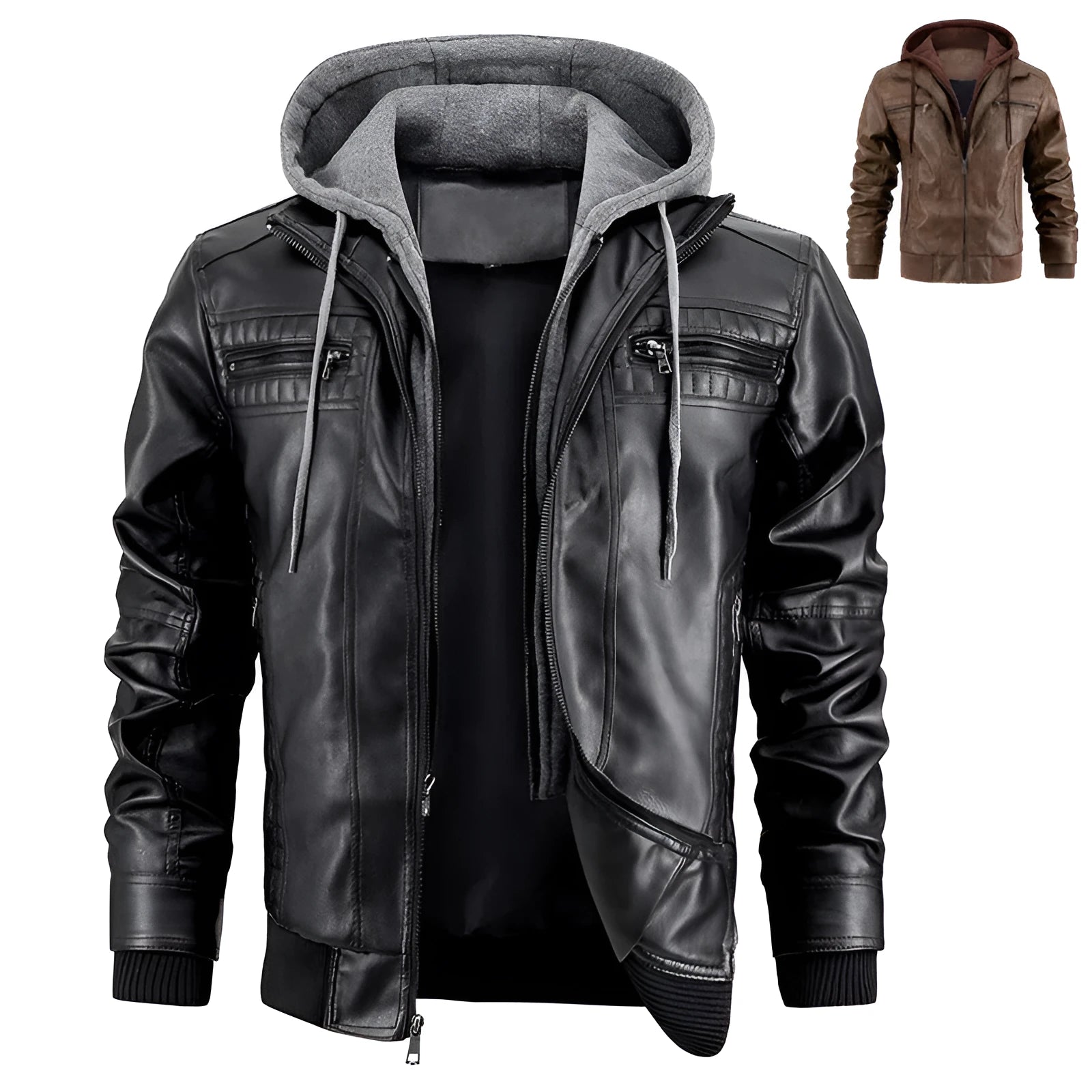 Men's hooded PU leather jacket with zipper pockets, black colour, shown front view