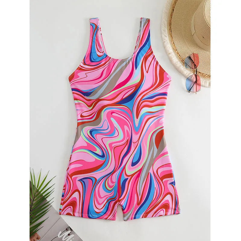 Women's printed high-waist backless one-piece swimsuit made from polyester fabric for swimming sports