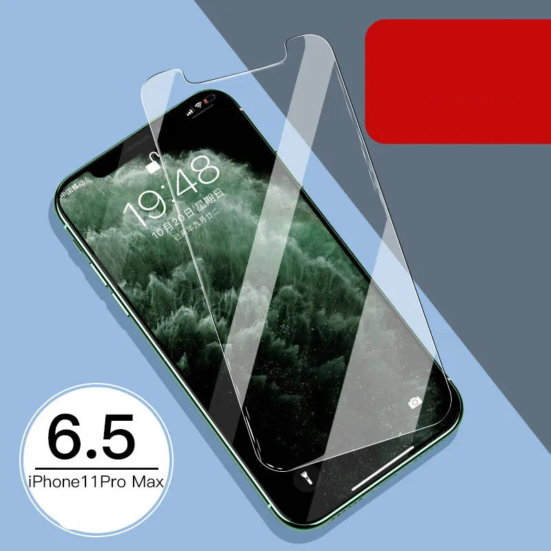 Tempered glass screen and rear protector films for Apple iPhone 11, X, and XS models.