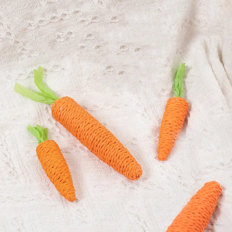 Cat toy collection with carrot bites, paper toys, ringing stones, sticks, and dental grinding sticks