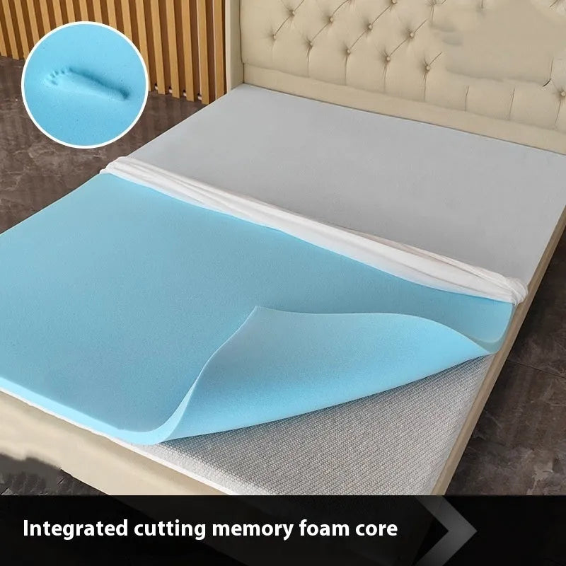 Gel memory cotton mattress topper in multiple sizes and thickness options on a bed.