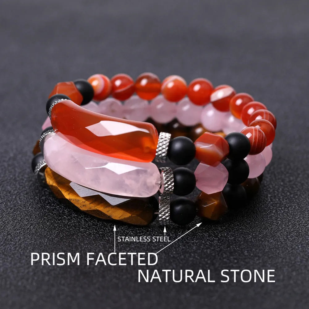 Handmade black agate diamond cut bracelet with geometric fan design on wrist