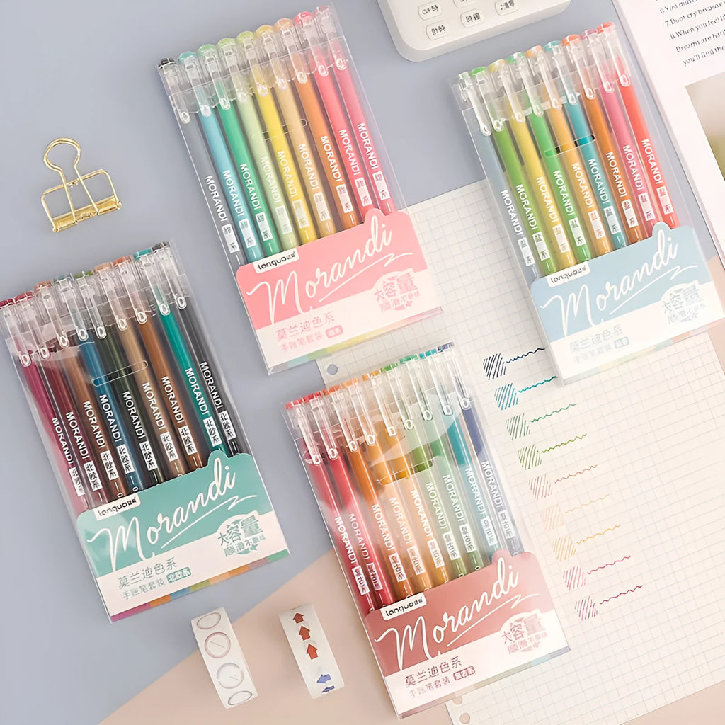 Set of nine colourful retro gel pens with 0.5mm needle tips, shown alongside a notebook.