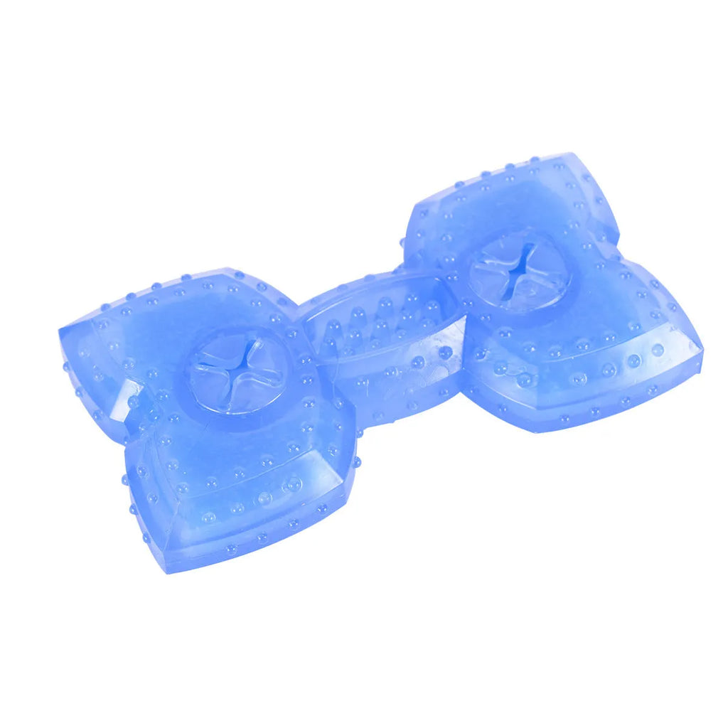 Freezable bone-shaped dog teether chew toy shown next to a circle-shaped version, both with treat-filling holes.