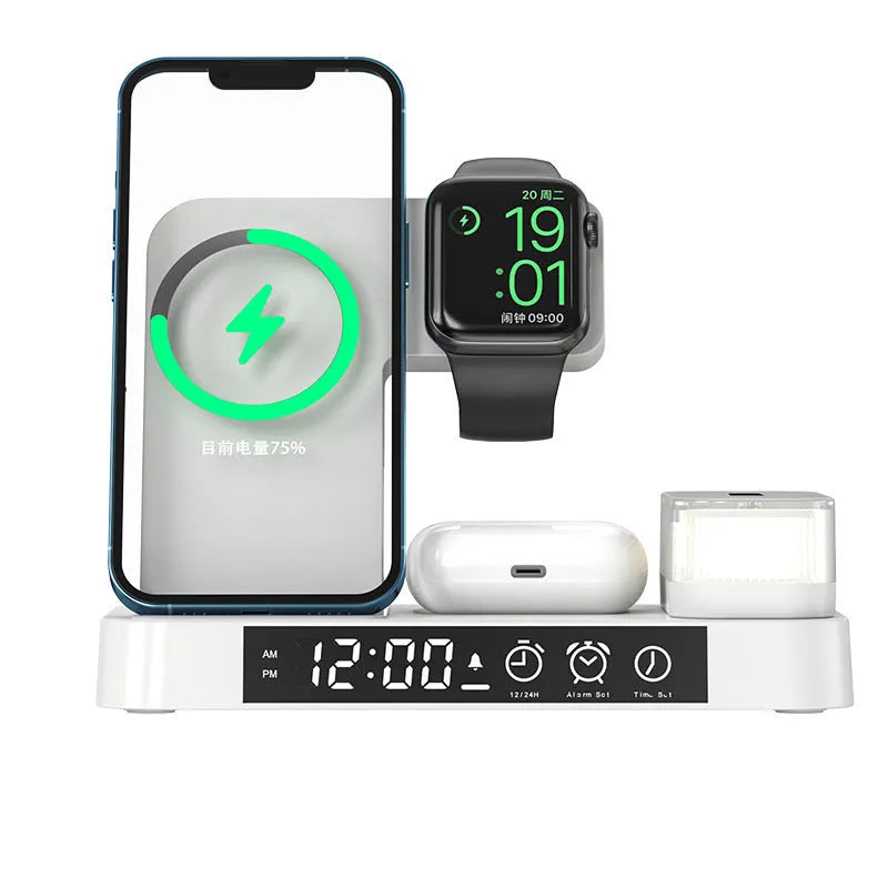 White 4-in-1 multifunction wireless charger station with foldable stand, alarm clock display, and RGB night light.