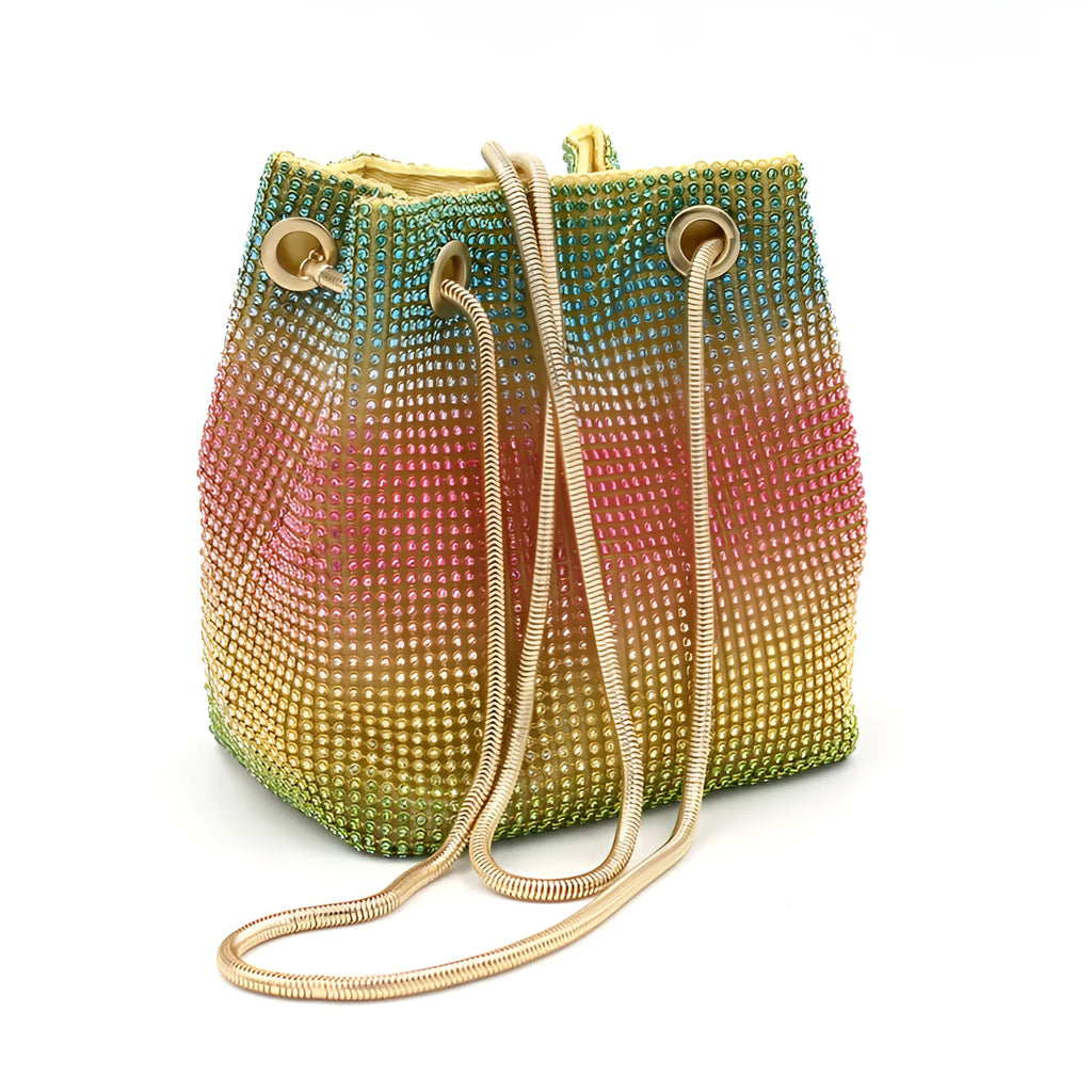 Rhinestone rainbow bucket diamond bag in soft fabric with colour options for evening accessories