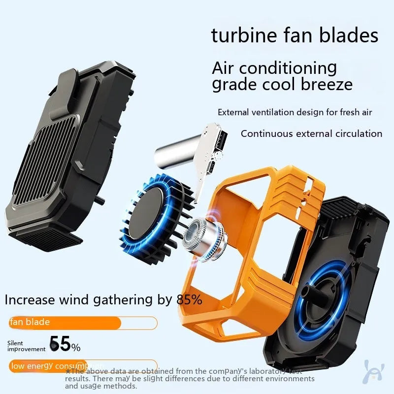Green wrist-worn personal fan with USB charging port, LED light, and adjustable strap.