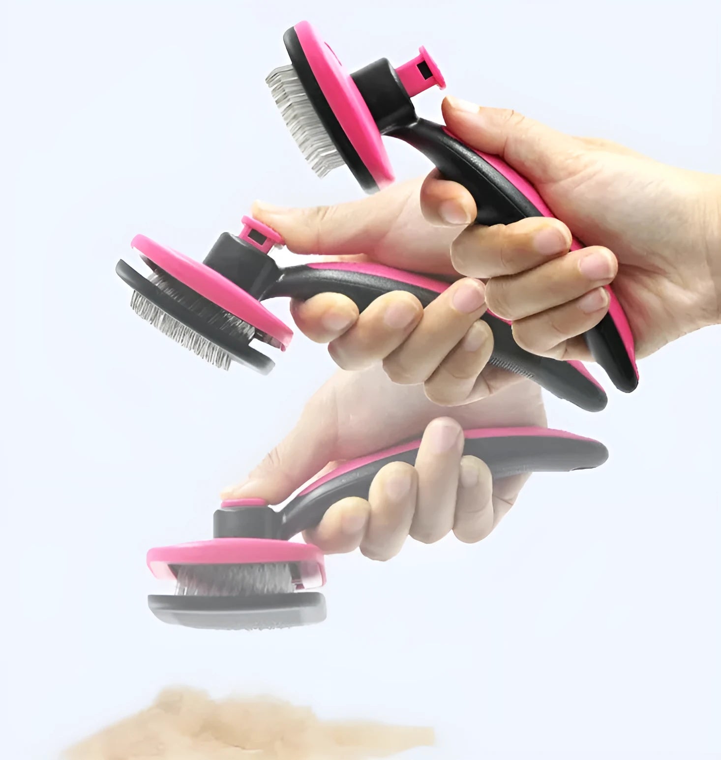 Pet self-cleaning comb with stainless steel teeth and rose red ergonomic handle for dog cat grooming