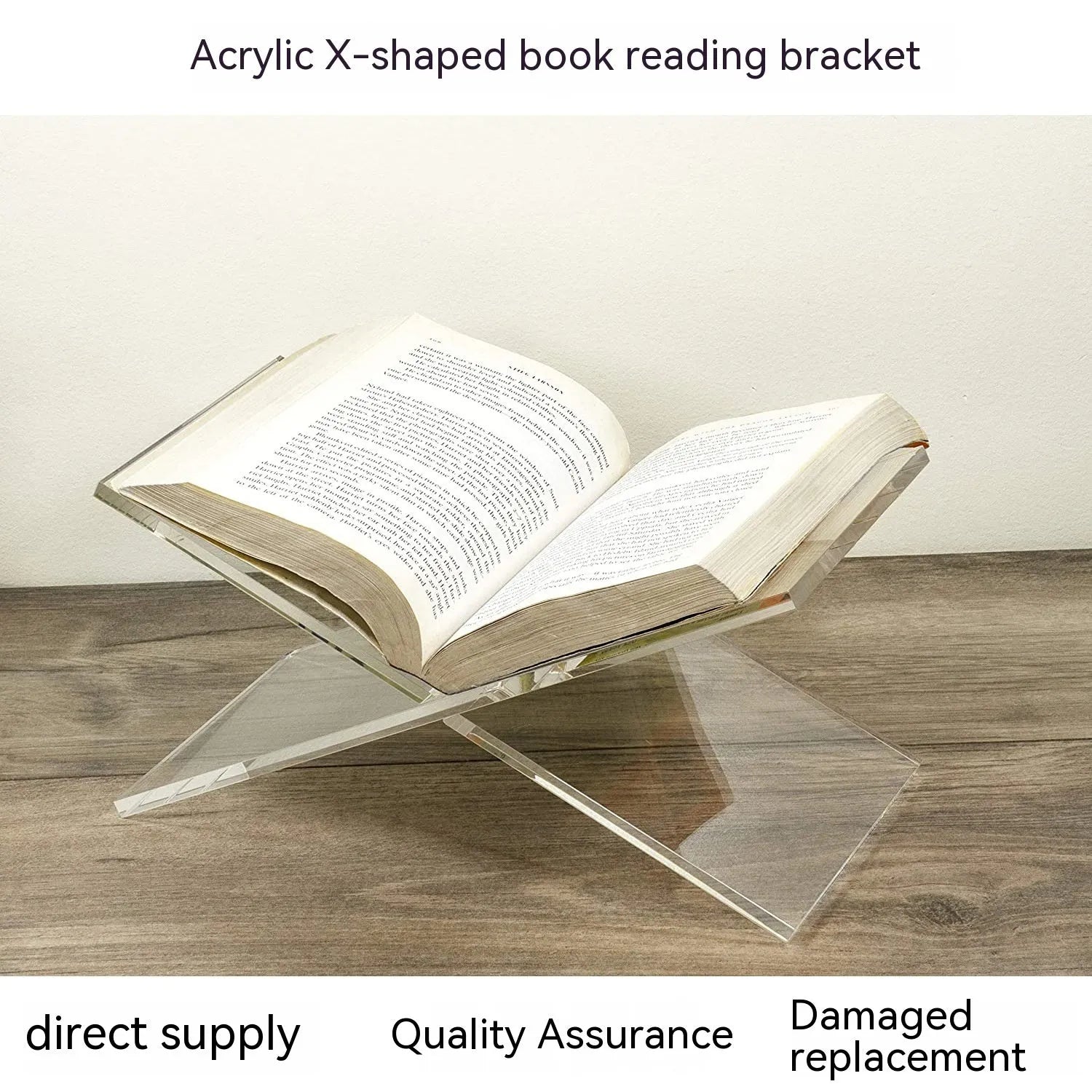 Clear acrylic X-shaped book reading rack holding books and magazines on a desktop