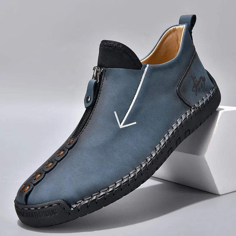 Men's leather-style boots with front zipper closure in multiple colour options