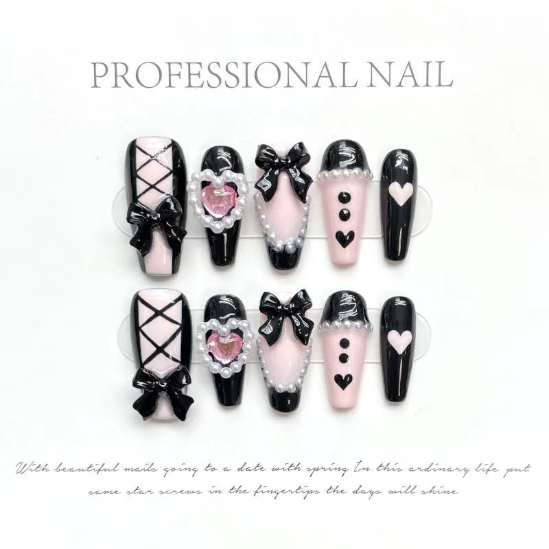 Black pink heart hand-painted detachable manicure nails with bow pattern in cat's eye style