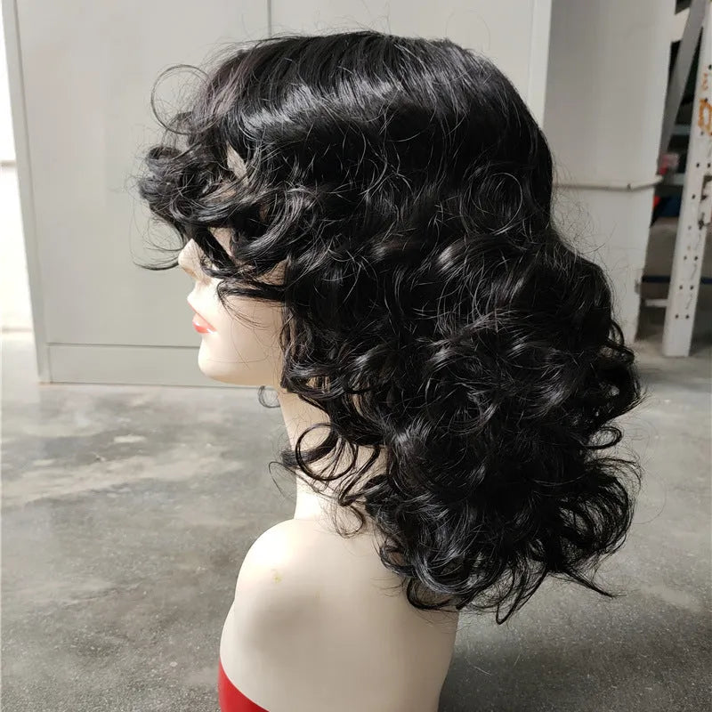 Black short Afro synthetic wig with long curly hair, shown on a model.