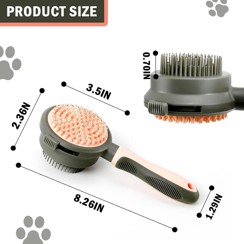 Green and pink double-sided cat grooming brush with slicker brush and flea comb, showing release button