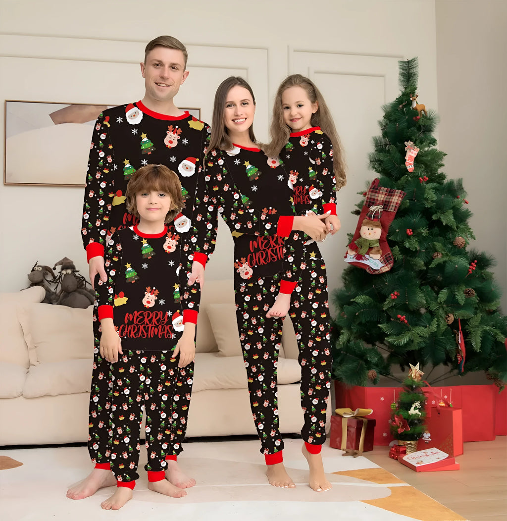 Matching red plaid and cartoon print Christmas pyjamas set for adults, children and a dog on a festive background.