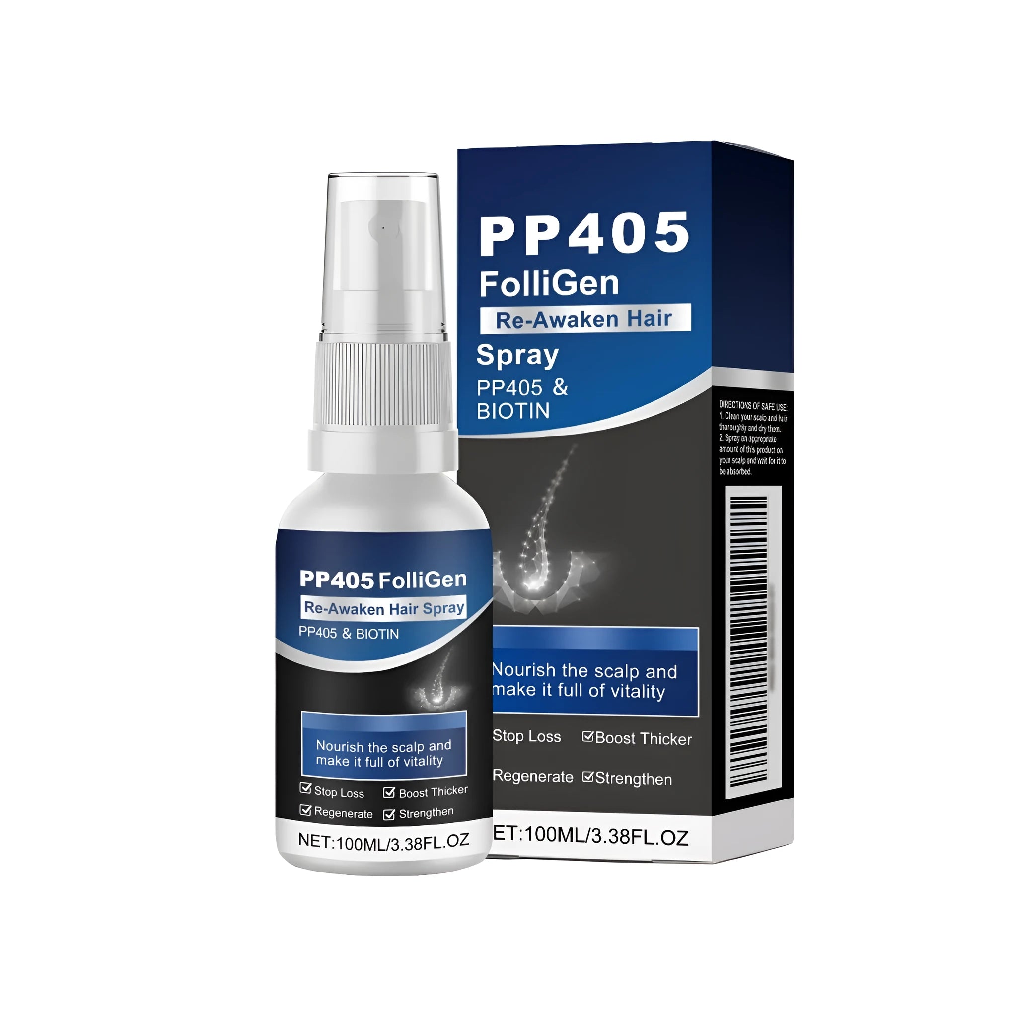 100ml hair nourishing spray bottle with natural ingredients including ginger and rosemary oils