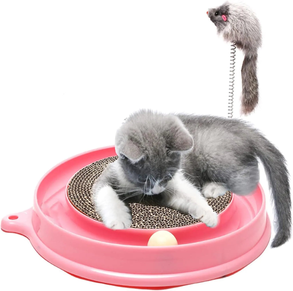Blue and pink interactive cat scratcher toy with ball track and mouse swatter on a round base.