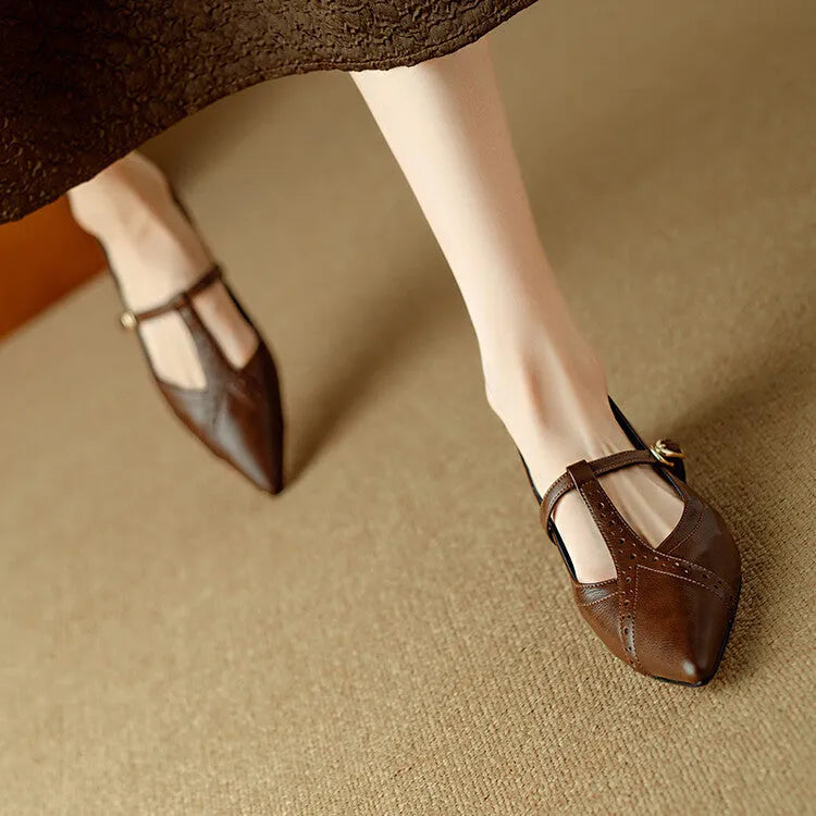 Women's brown cowhide pointed toe flat shoes with metal accents and soft sole