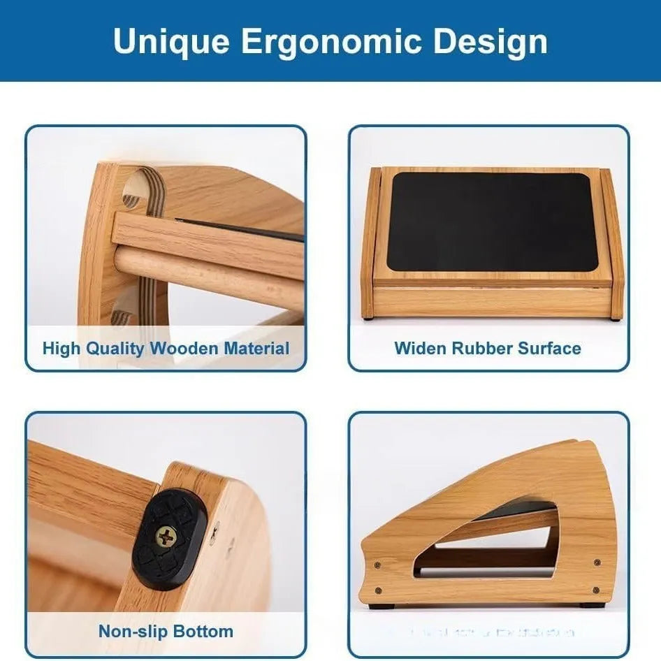 Wooden adjustable bamboo office desk footstool in natural wood colour, shown as an under-desk ergonomic foot rest.