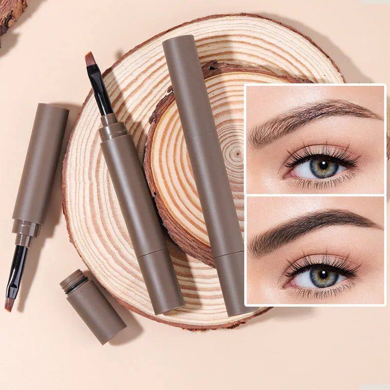 Double-headed eyebrow cream tube showing pencil and powder ends, with colour options reddish brown, brown, light brown, dark brown, and black.