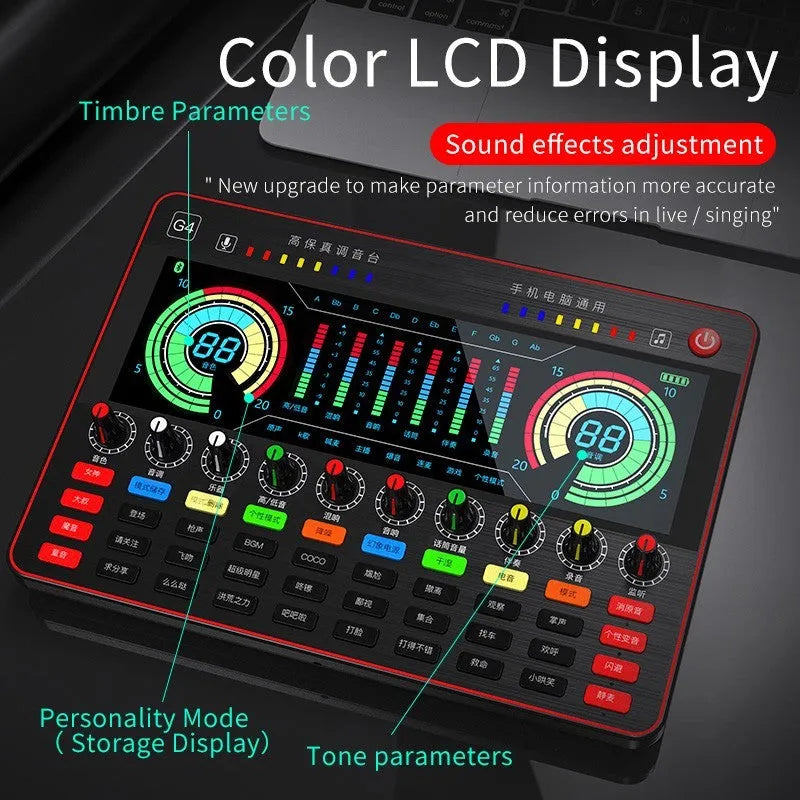 G4 professional sound card mixer with LCD display, microphone, remote control, and audio cables
