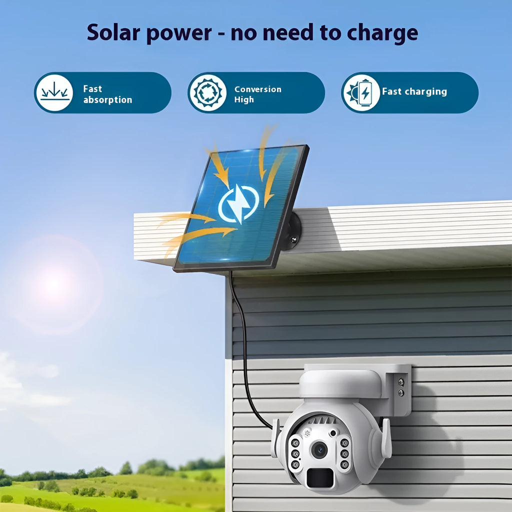 Q55 solar security camera in camouflage, black, or white colour with solar panel and mounting bracket
