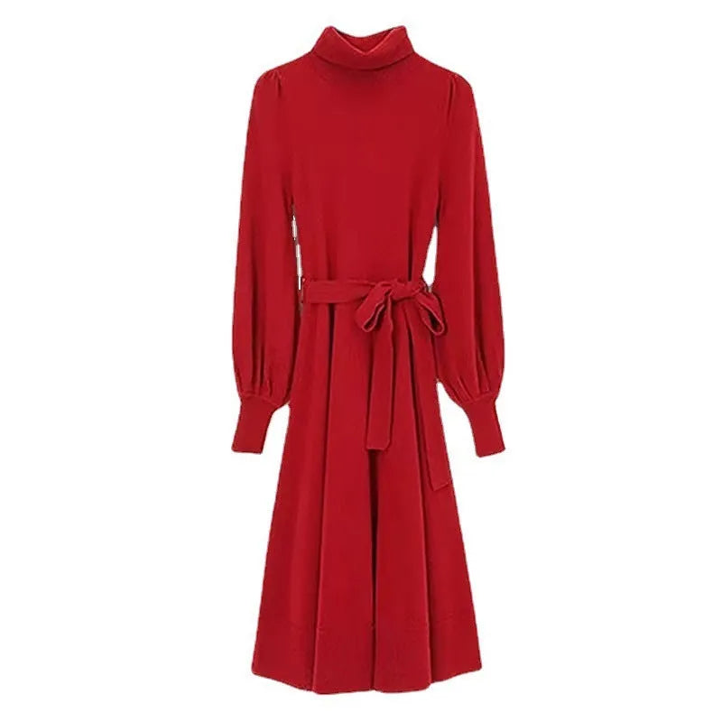 Turtleneck knit dress with elastic waist and loose hem in rose red colour