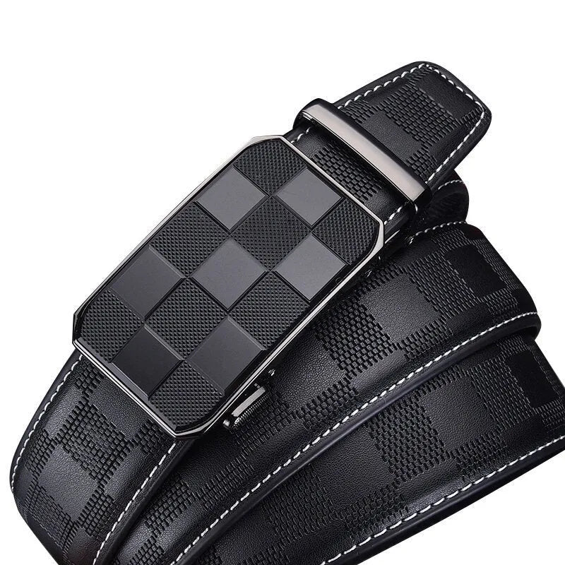 Men's genuine leather automatic buckle belt with alloy electroplated buckle in carved plaid colour