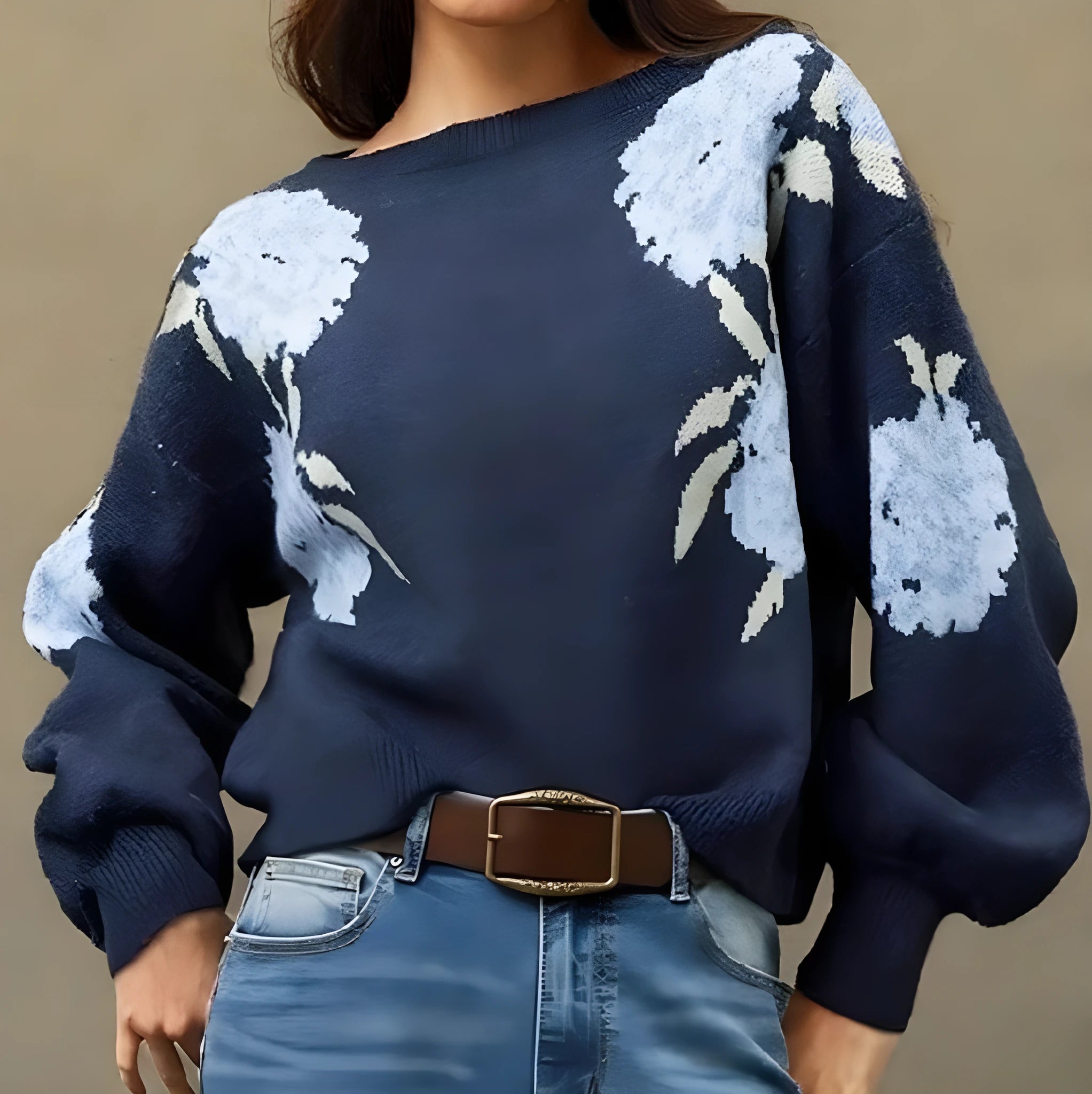 Sapphire blue women's loose fit pullover with floral jacquard pattern and off-neck design