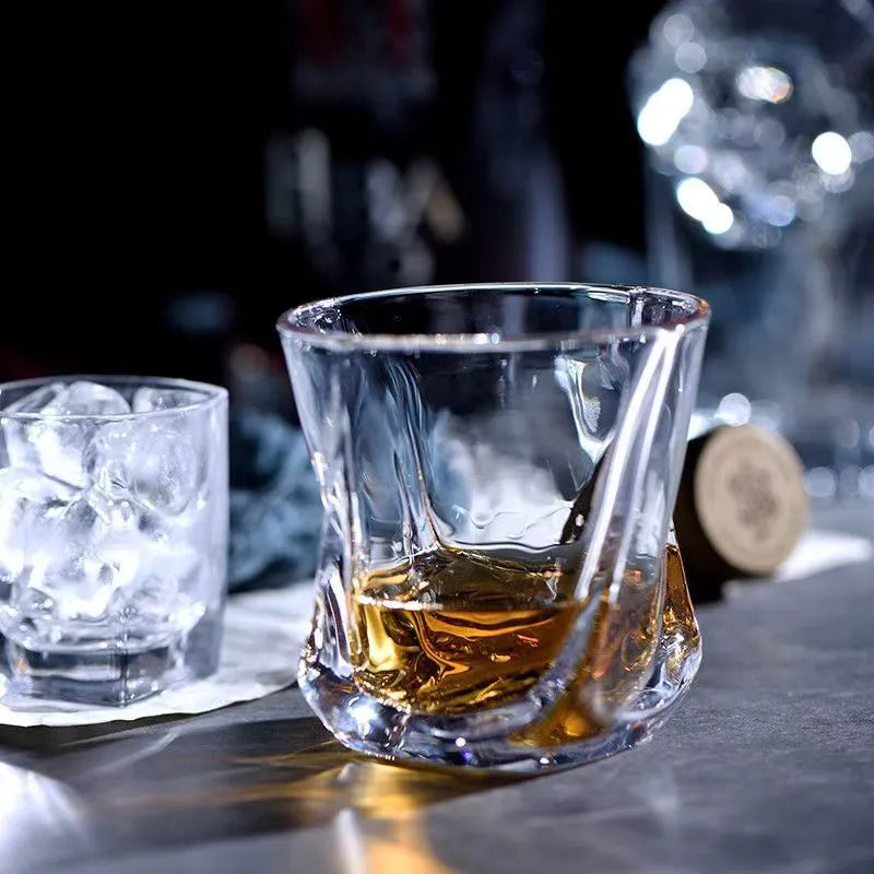 High-grade transparent glass 150ml swing whiskey glass on surface