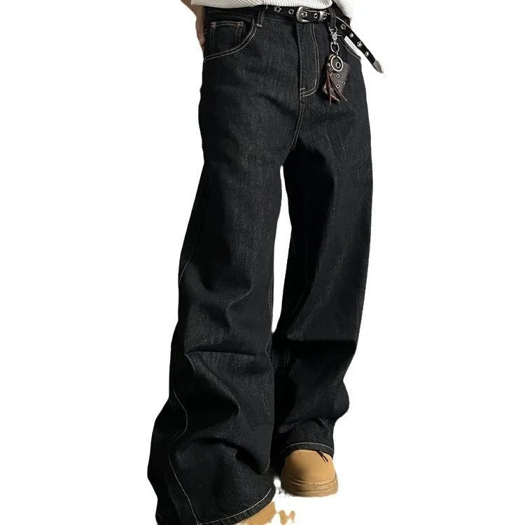 Black loose fit wide-leg jeans with straight-leg cut and retro styling