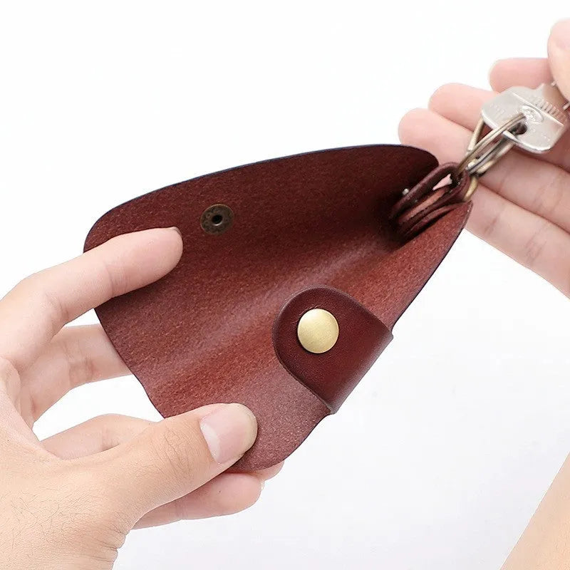 Genuine leather handmade short car key case in black, brown, coffee, and purplish red.