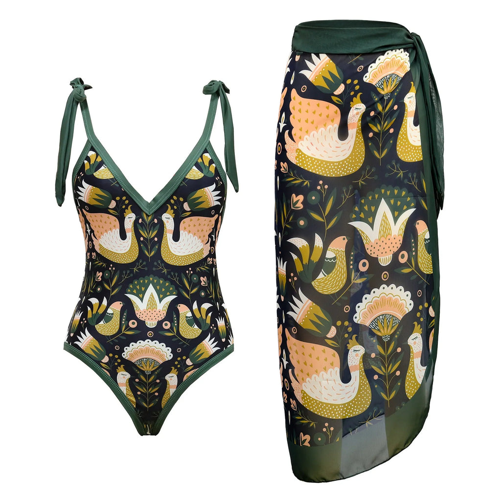 Women's solid colour one-piece swimsuit with spaghetti straps and a matching detachable skirt.