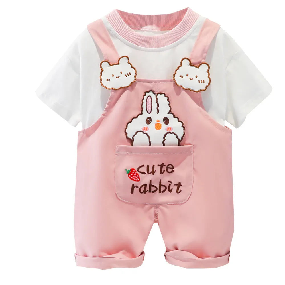 Baby short-sleeved cotton overalls in khaki with cartoon print and adjustable straps
