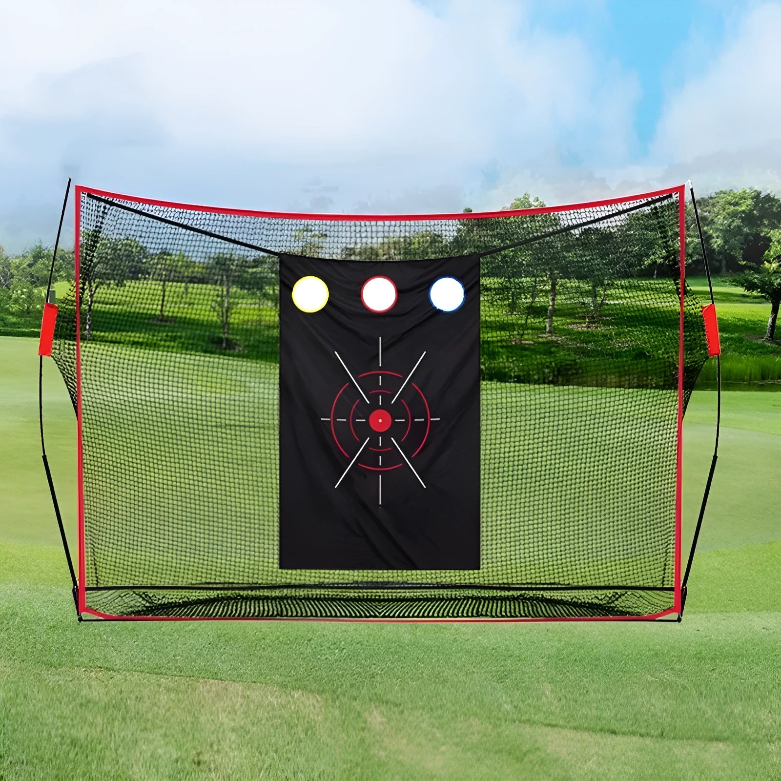 Golf swing wedge training net with 3-hole target, practice mat, balls, and accessories