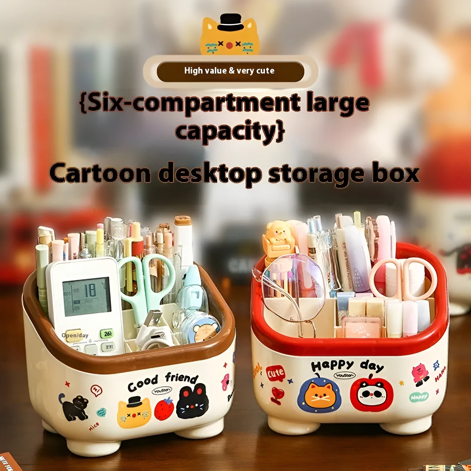 Cartoon style desktop storage box with 2L capacity and organisation stickers