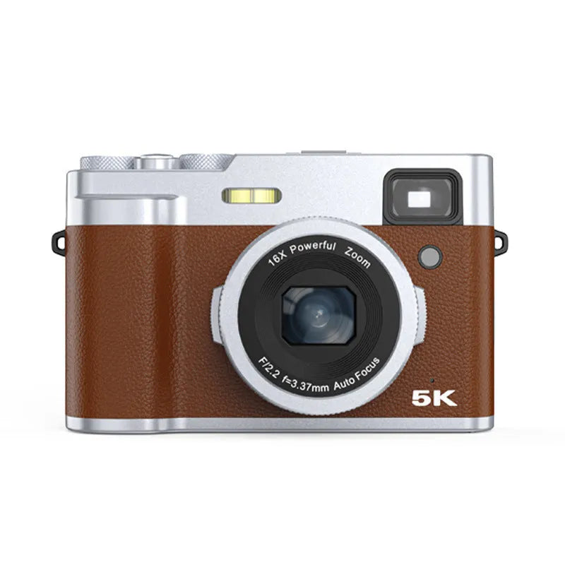 Black 5K HD digital camera with front and rear lenses, optical viewfinder, and a 2.88-inch screen on the back.
